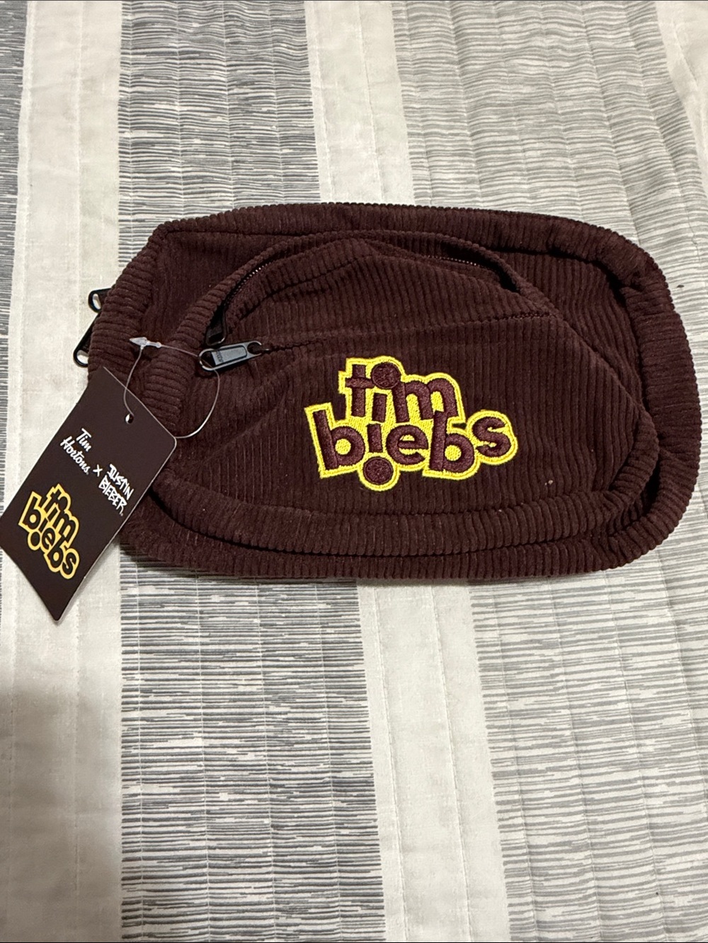 Timblebs Brown Corduroy Crossbody Bag with Yellow Logo
